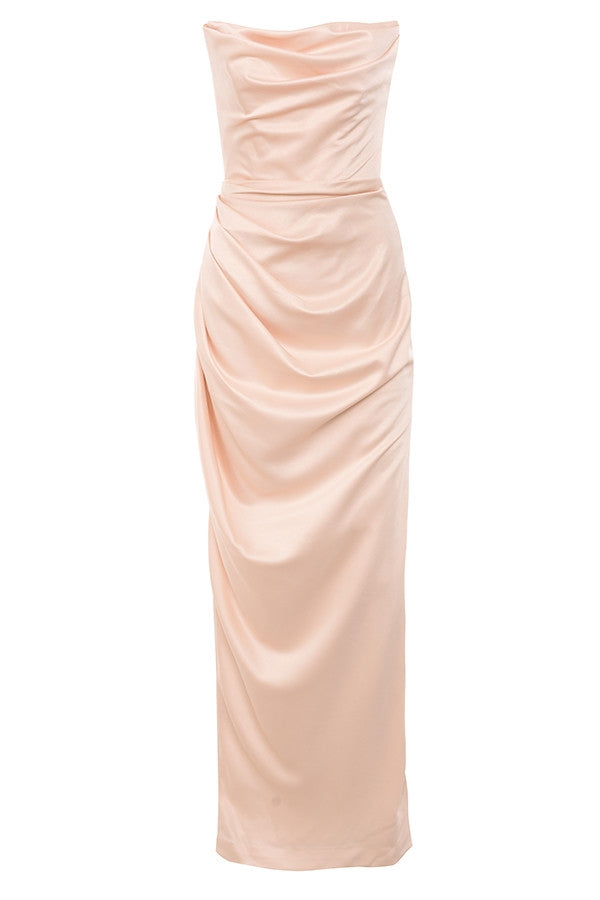 champagne satin strapless gown