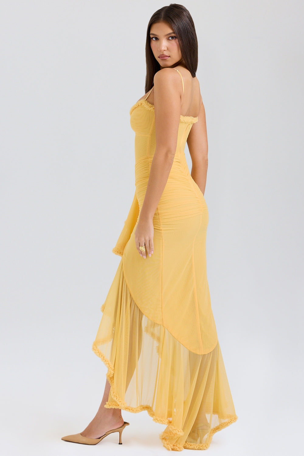 apricot ruffled front gown