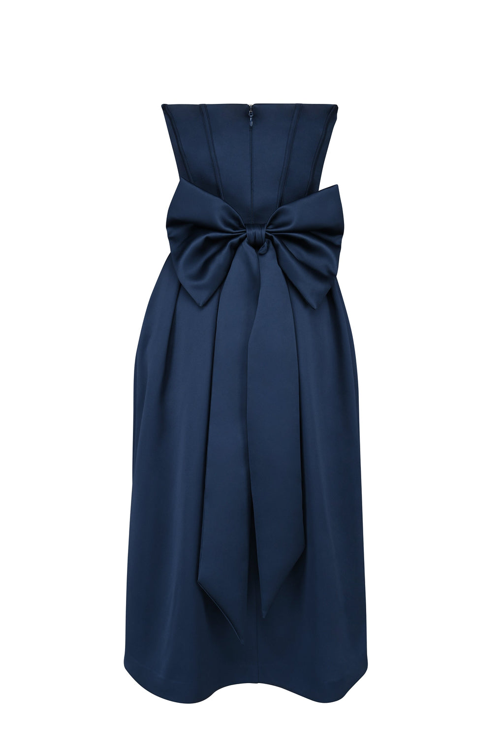 midnight blue strapless detachable bow midi dress