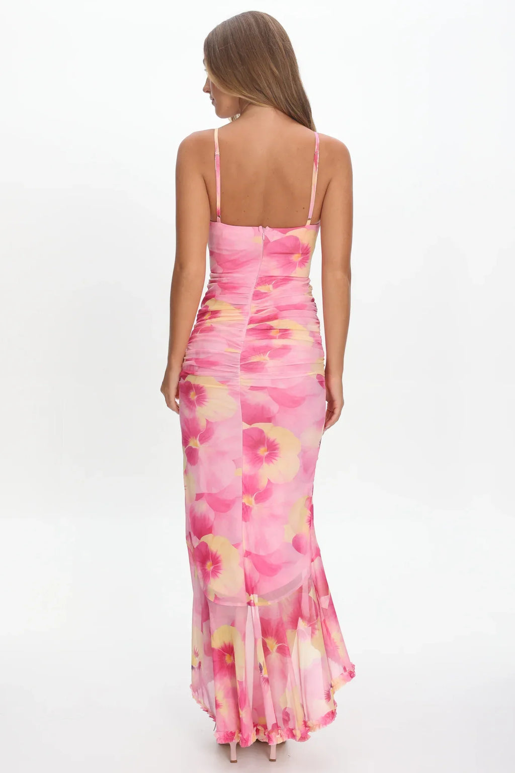 Kamilah Ruched Waist Ruffle Maxi Dress Print Pink