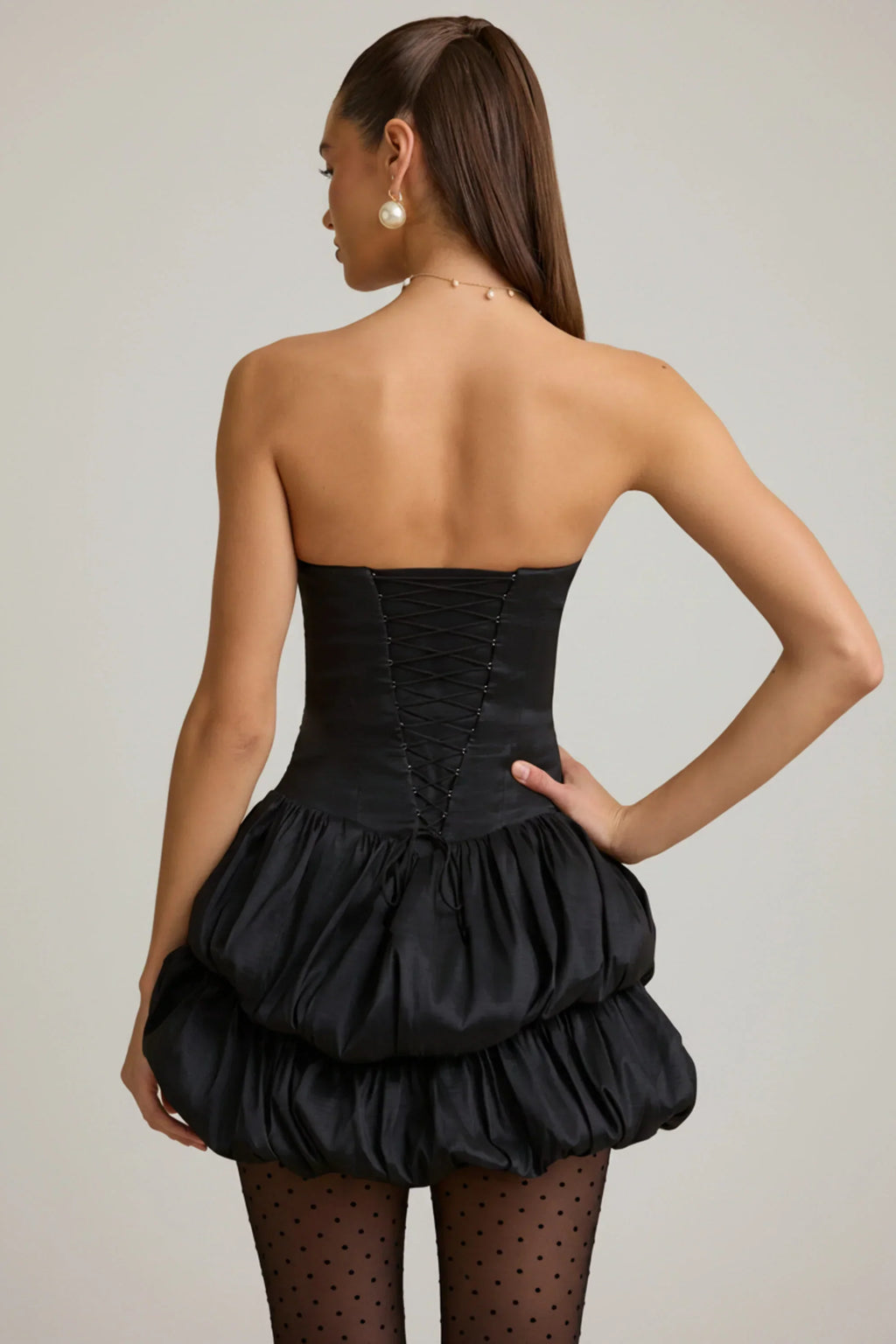 Satin Bubble Hem Corset Mini Dress in Black