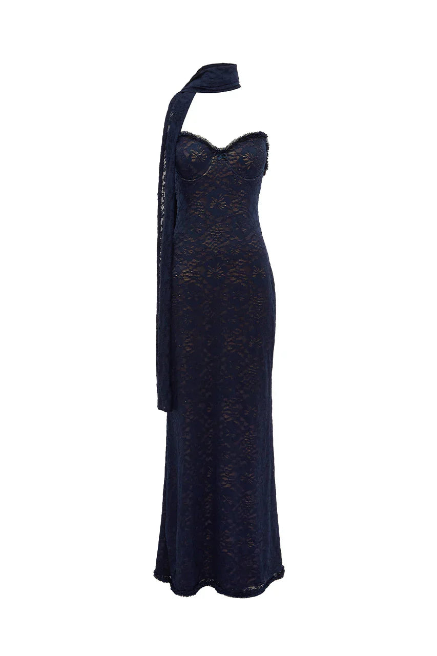 AMANA STRAPLESS SCARF MAXI DRESS - NAVY