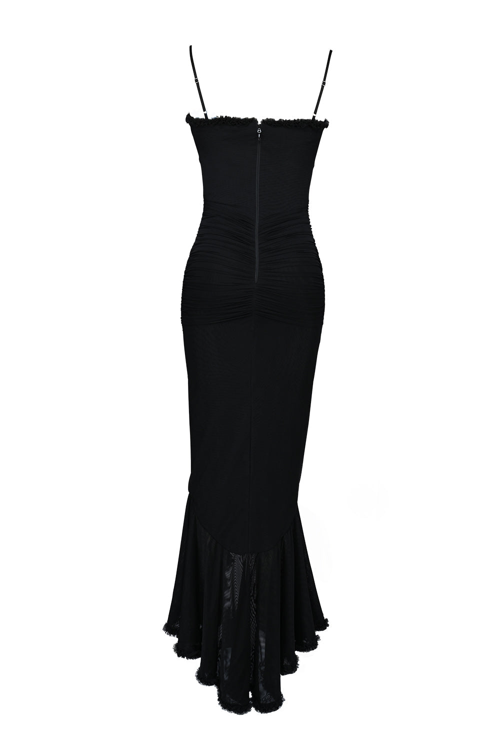 black mesh ruffled front gown