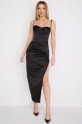 black satin pleated corset midi dress