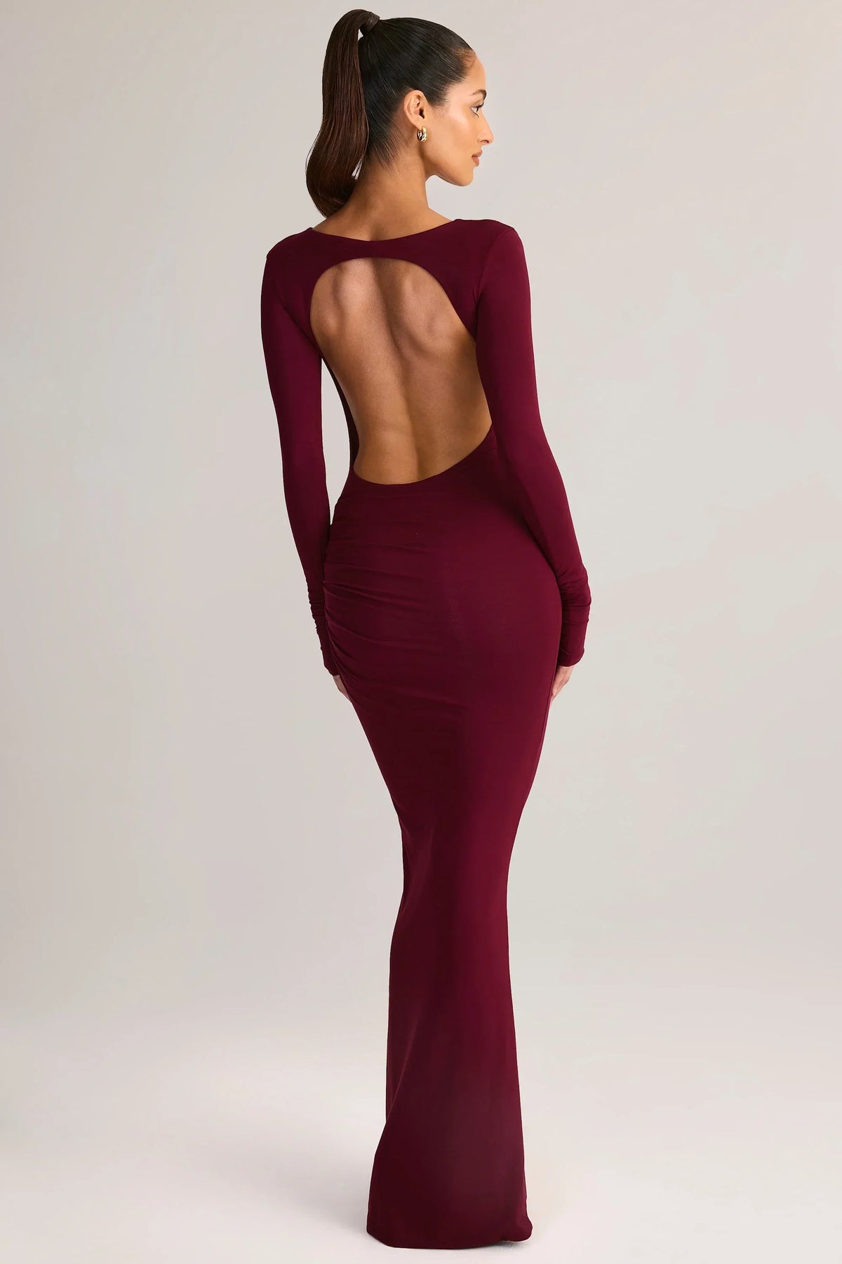 Modal Ruched Backless Maxi Dress in Wine