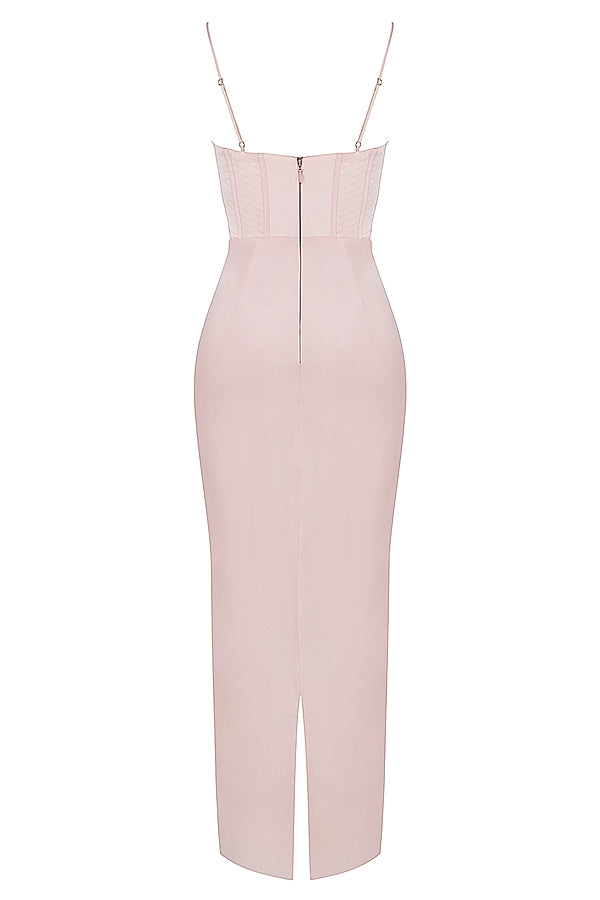 blush pink corset maxi dress