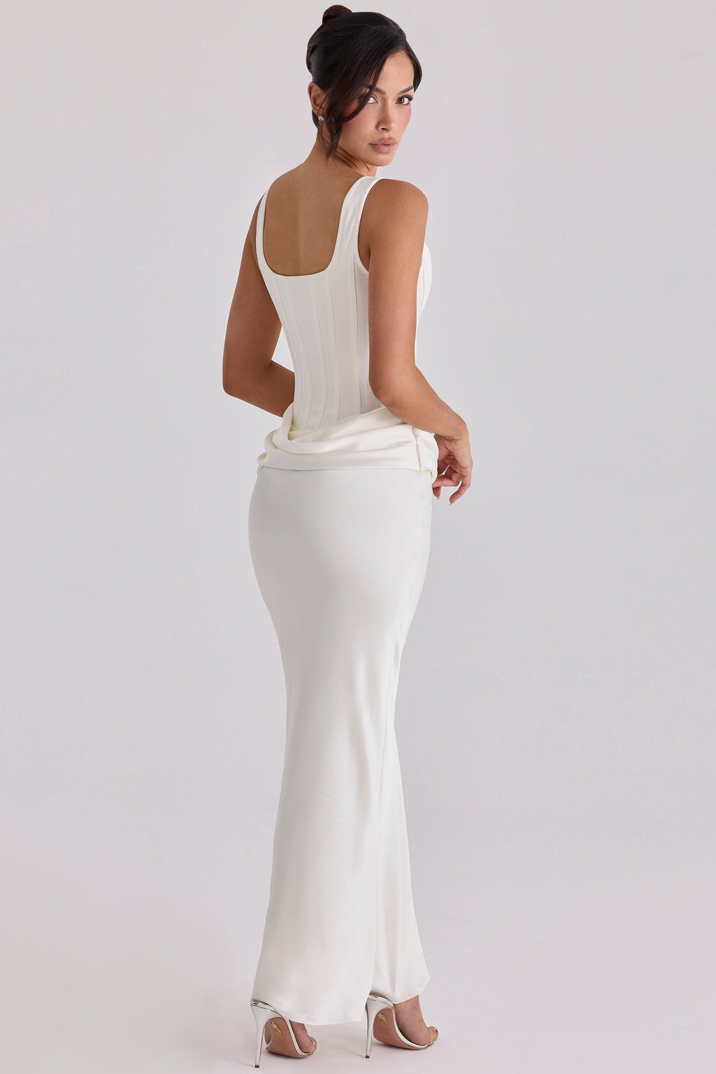 ivory satin gathered maxi dress