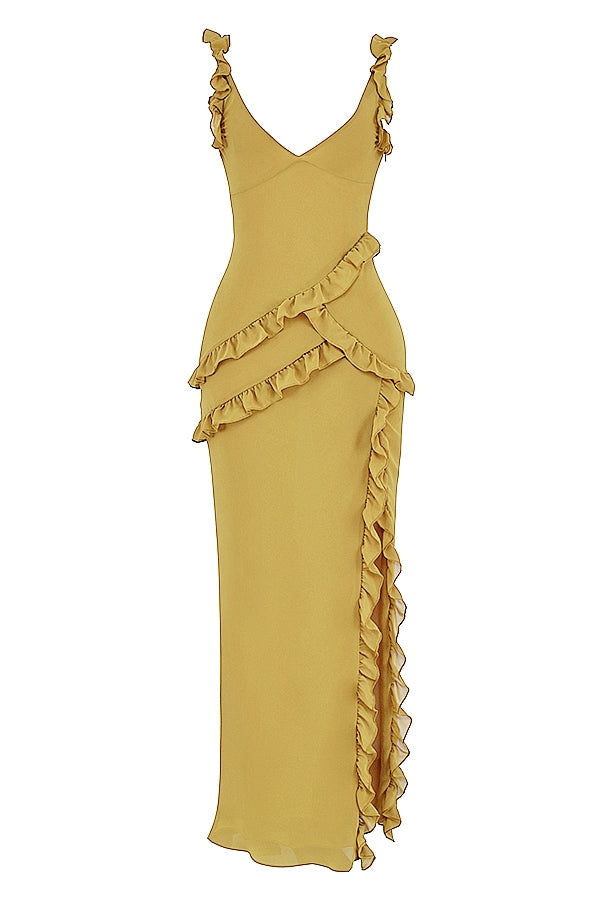 olive ruffle maxi dress
