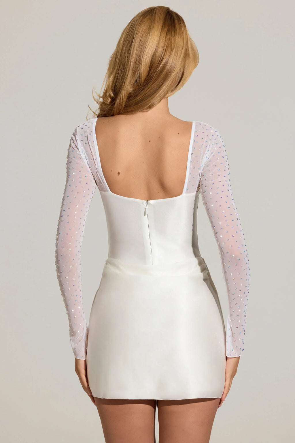 Embellished Long-Sleeve Draped Mini Dress in White