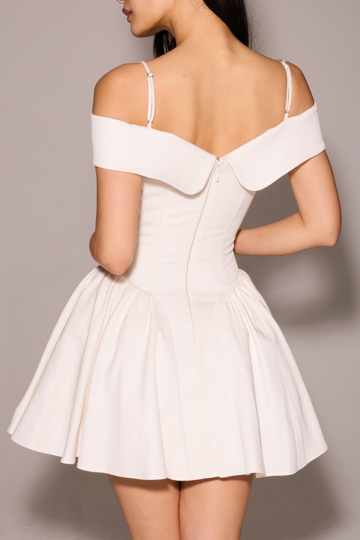white twill off shoulder mini dress