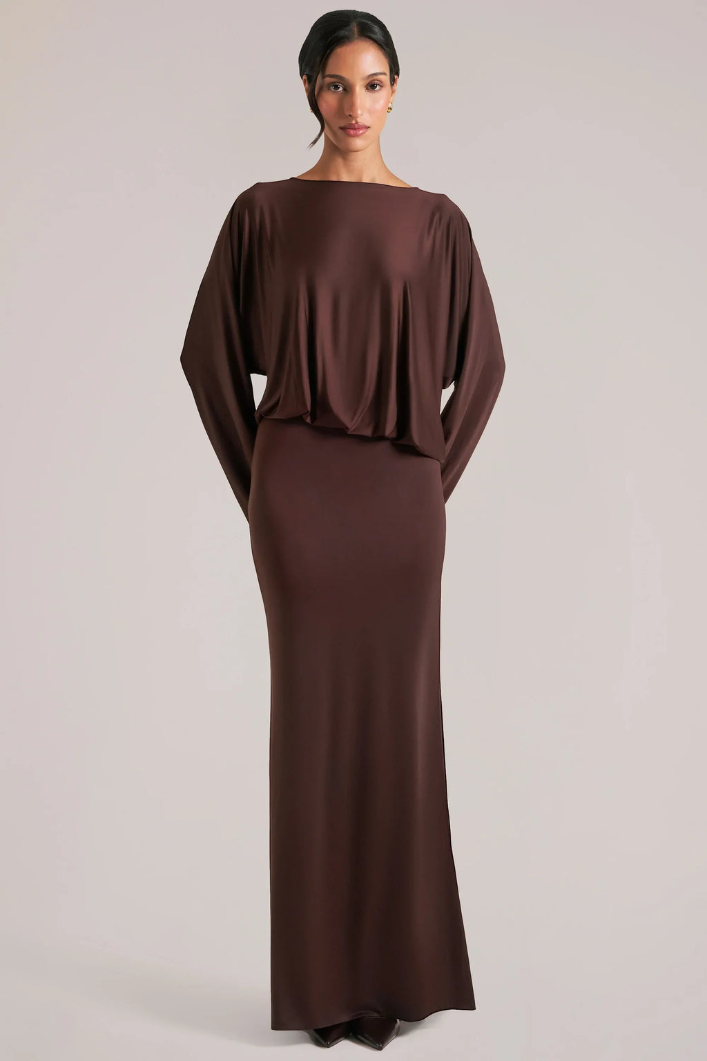Long-Sleeve Draped Maxi Dress in Chocolate Brown