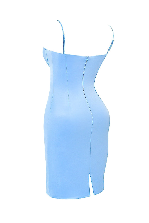 soft blue satin midi dress