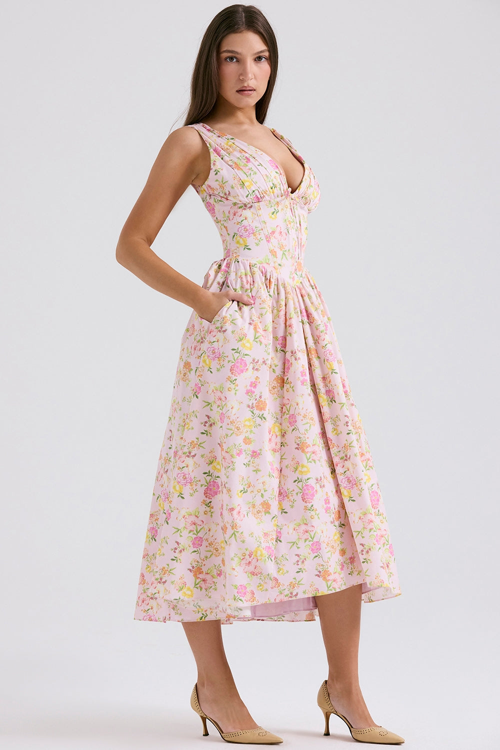 pink meadow print cotton corset sundress