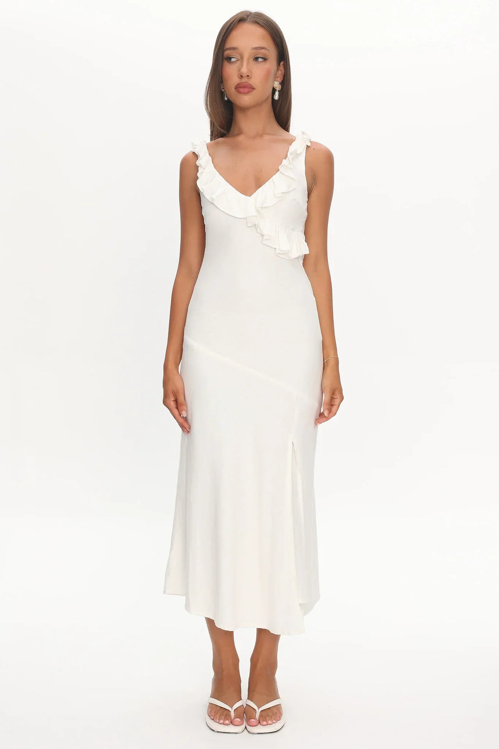Alba Frill Trim Midi Dress White