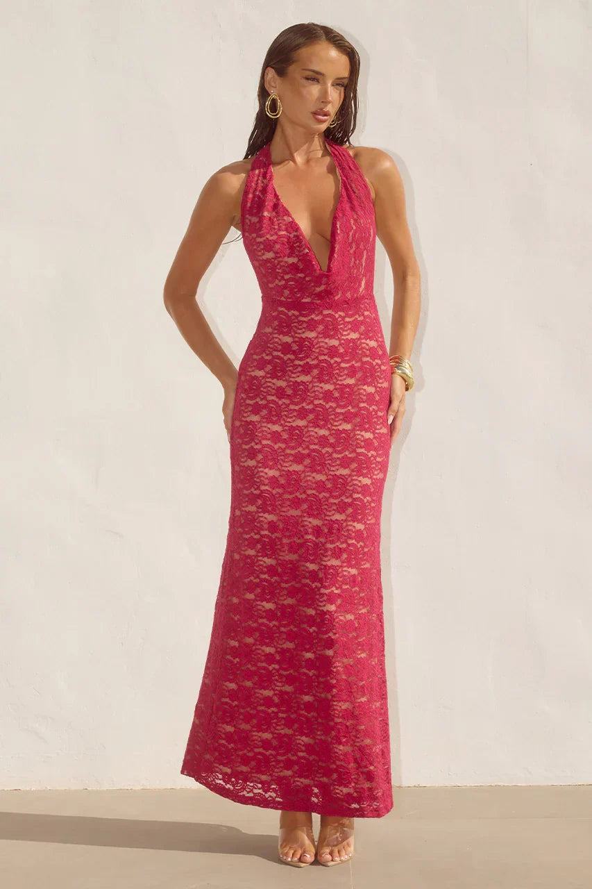 KYLO PLUNGE COWL MAXI DRESS - BERRY