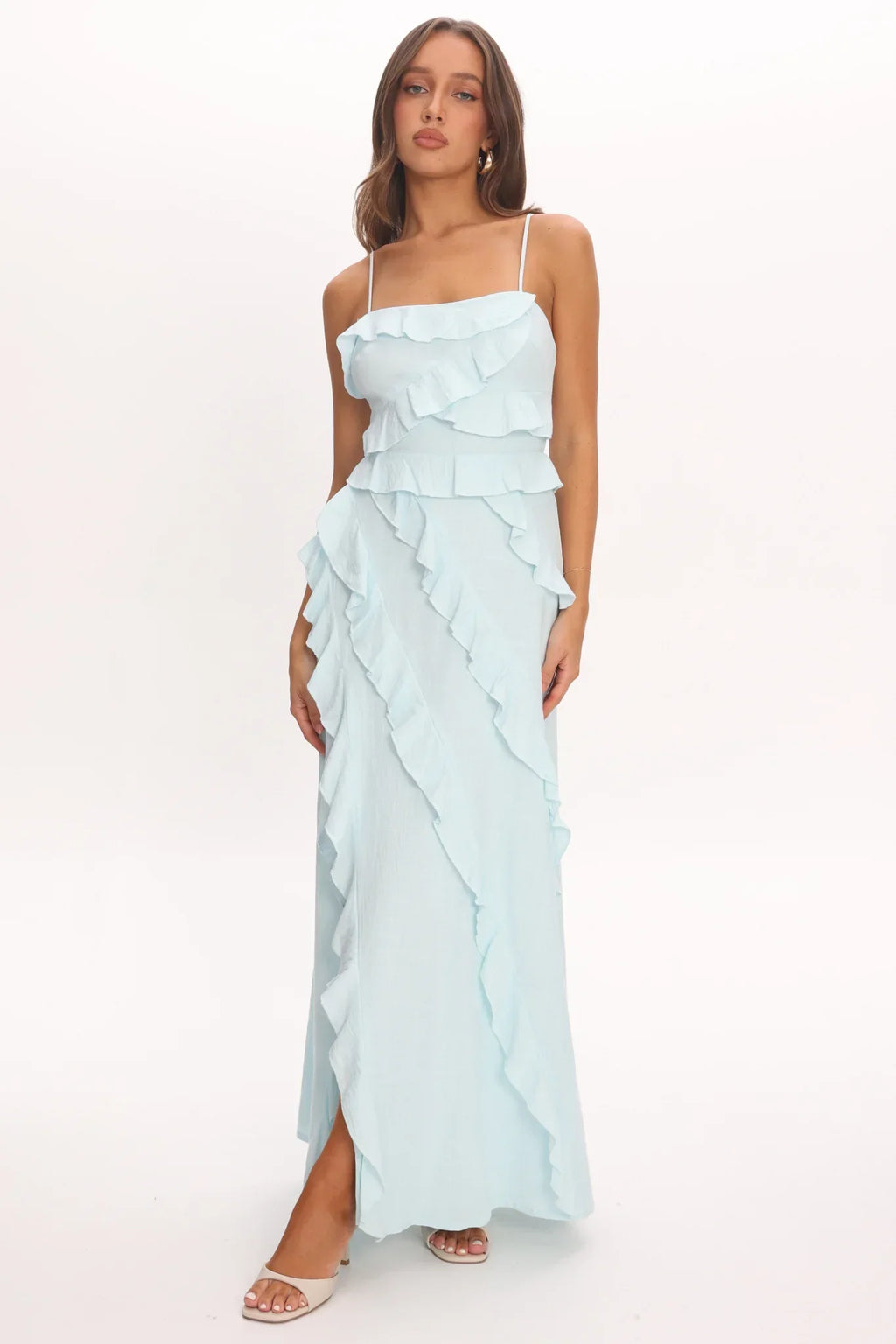 Arrabel Ruffle Split Maxi Dress Blue