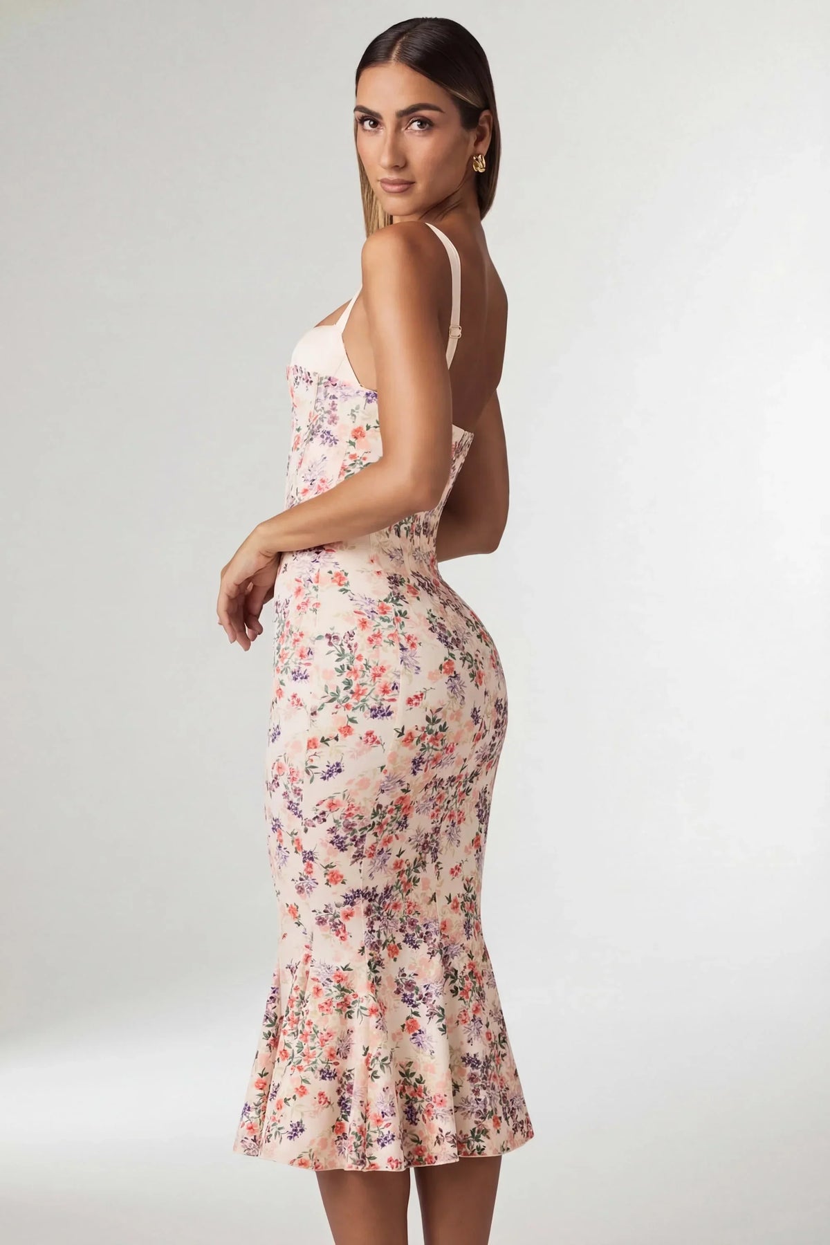 Layered Bra-Detail Fishtail Midaxi Dress in Primrose Floral Print