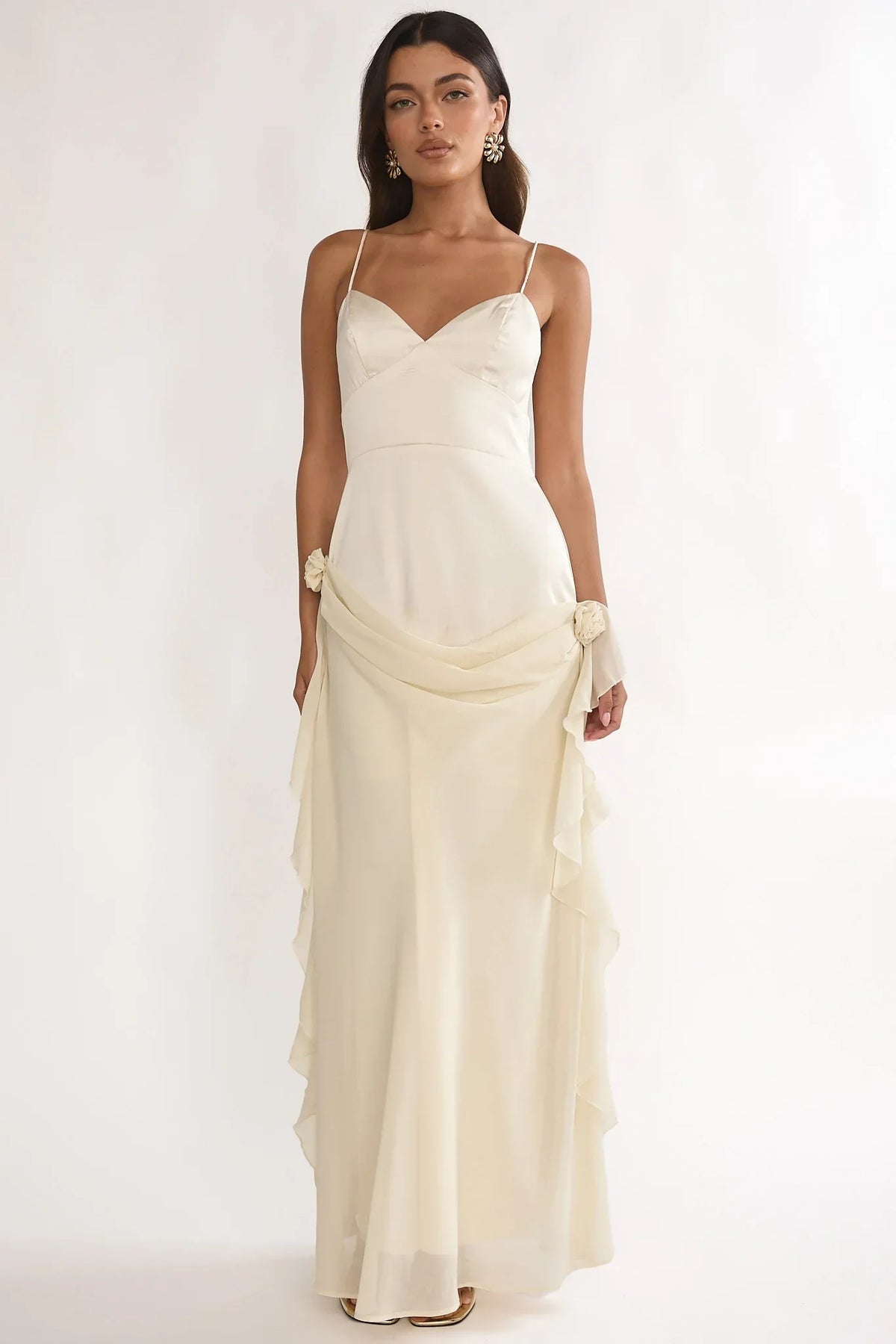 Rivena Rosette Chiffon Drape Maxi Dress Oyster