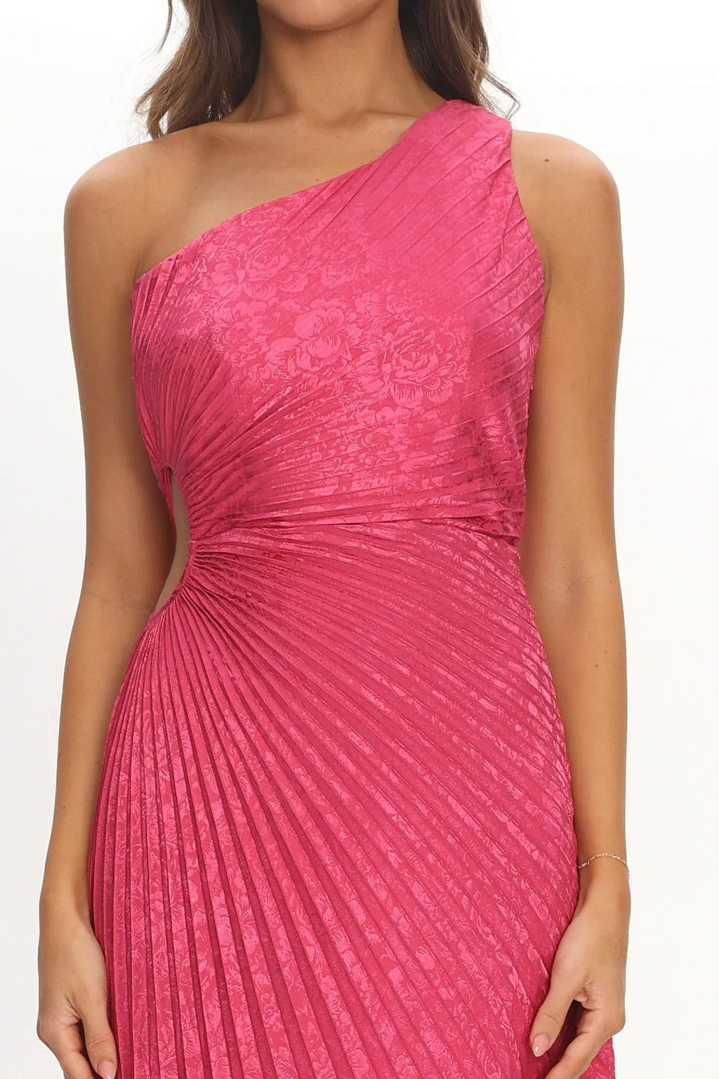 Amelie One-Shoulder Accordion Pleat Maxi Dress Floral Fuchsia