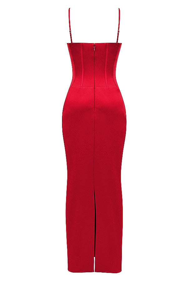 red satin corset maxi dress
