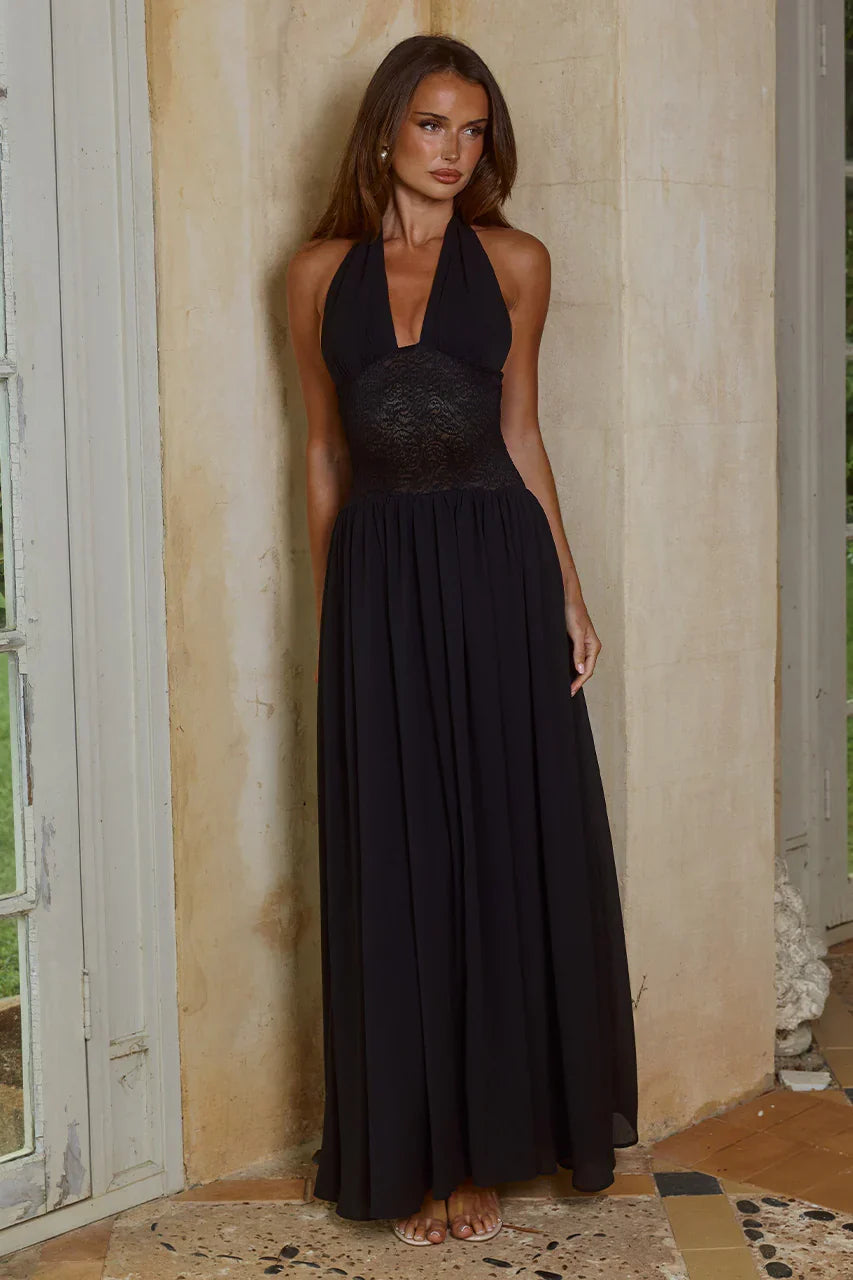 FERNANDA PLUNGE HALTER MAXI DRESS - BLACK
