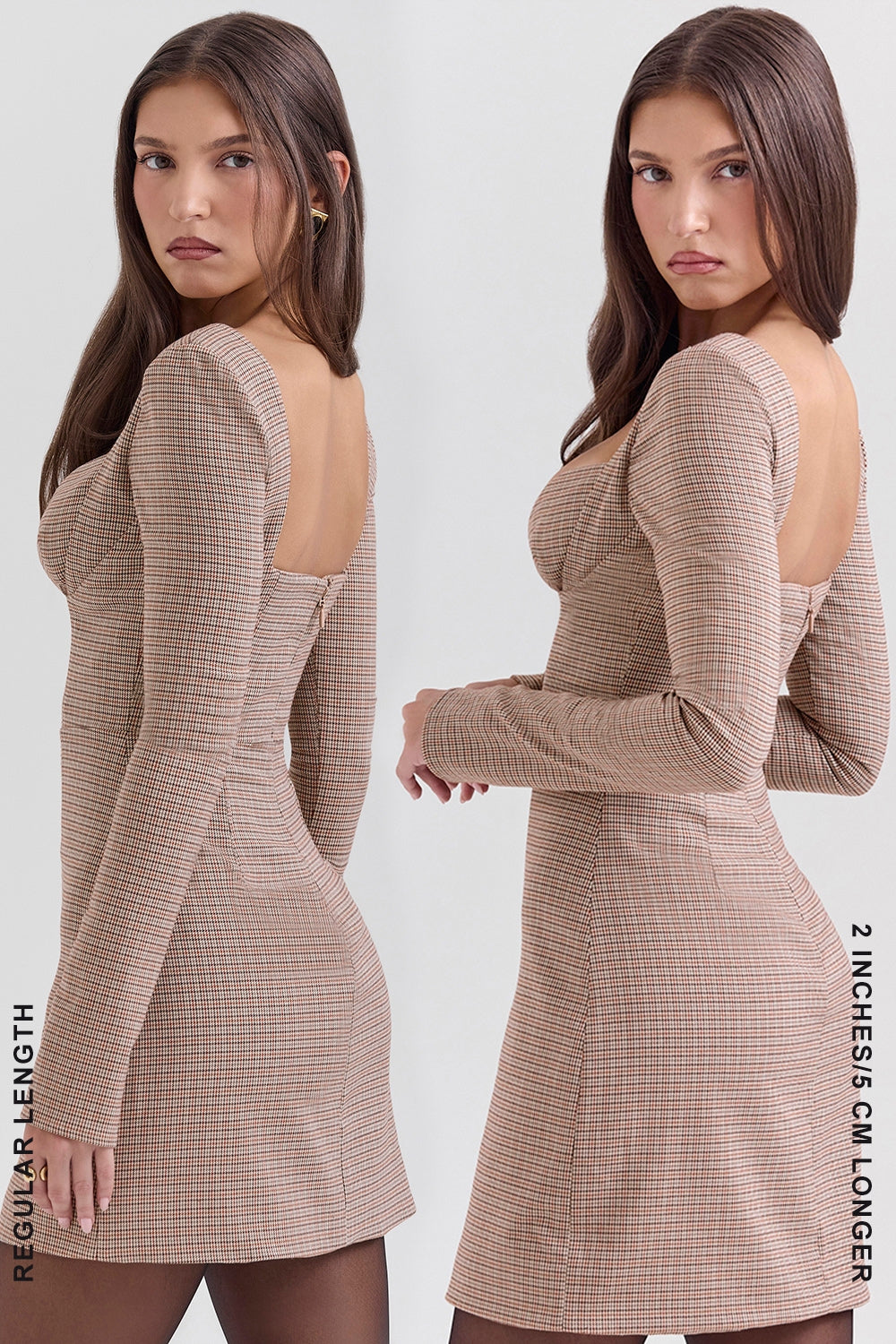 brown puppytooth check plunge mini dress - sale