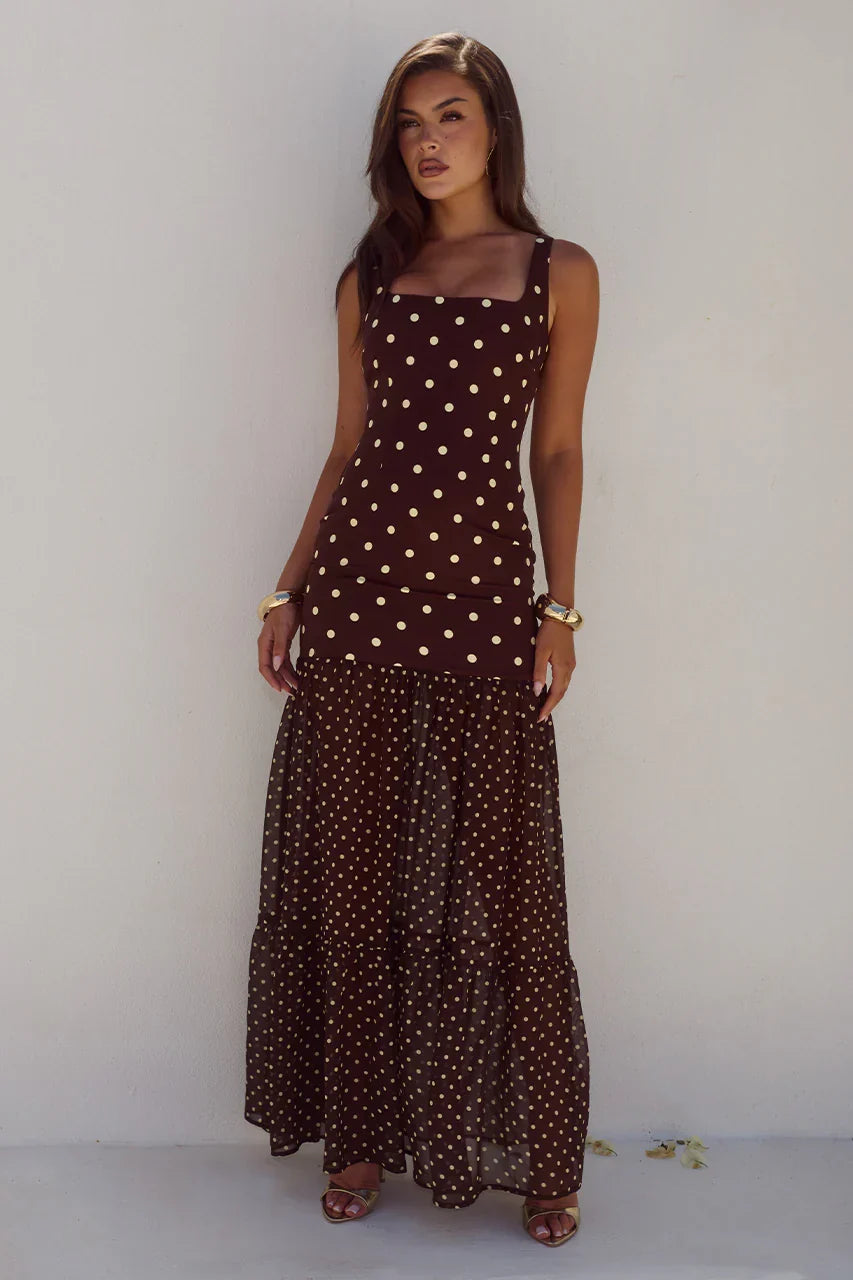 TILLIE SHEER BOTTOM MAXI DRESS - CHOC/LEMON POLKA