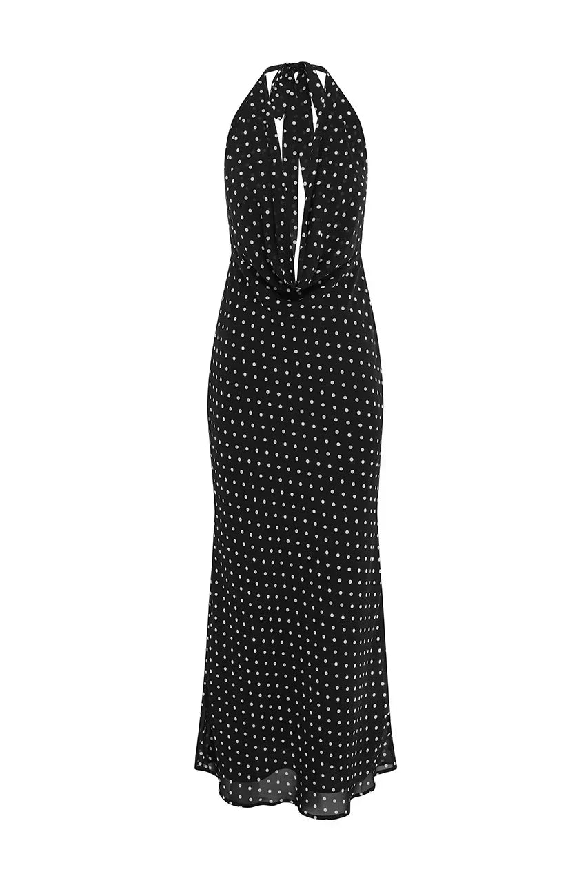 LEXIE LOW PLUNGE HALTER MAXI DRESS - BLACK POLKA