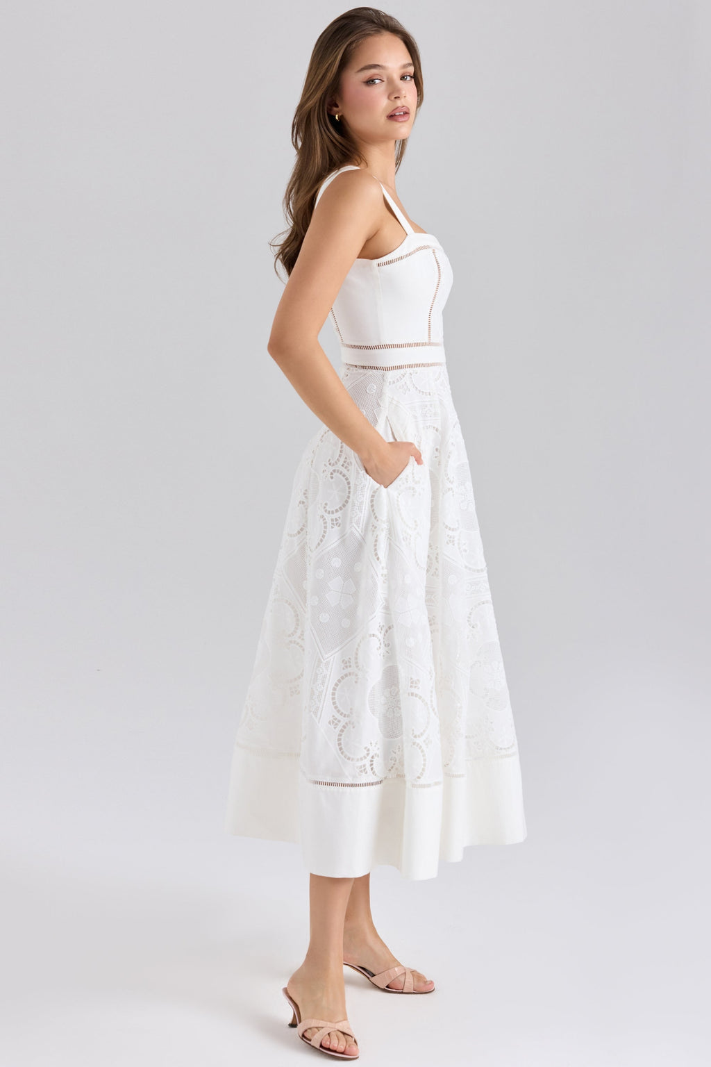 white stretch cotton broderie anglaise midi dress