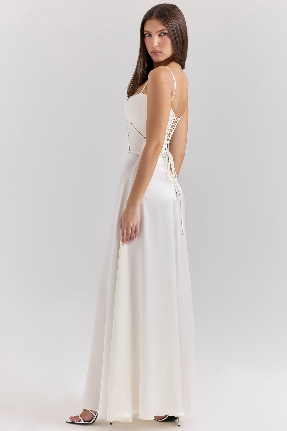 ivory satin lace up maxi dress