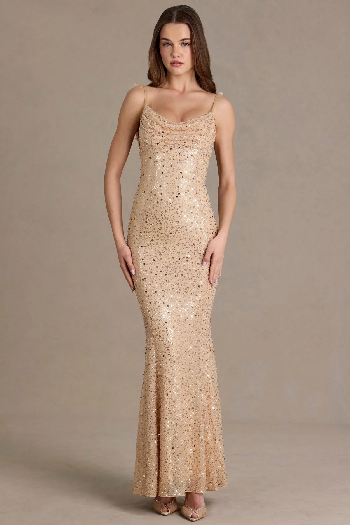 Embellished Open-Back Maxi Dress in Gold