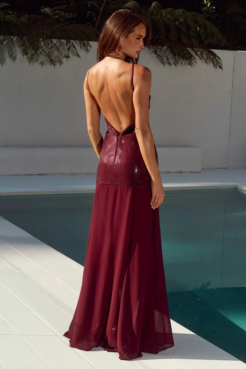 TULIA LOW BACK MAXI DRESS - WINE