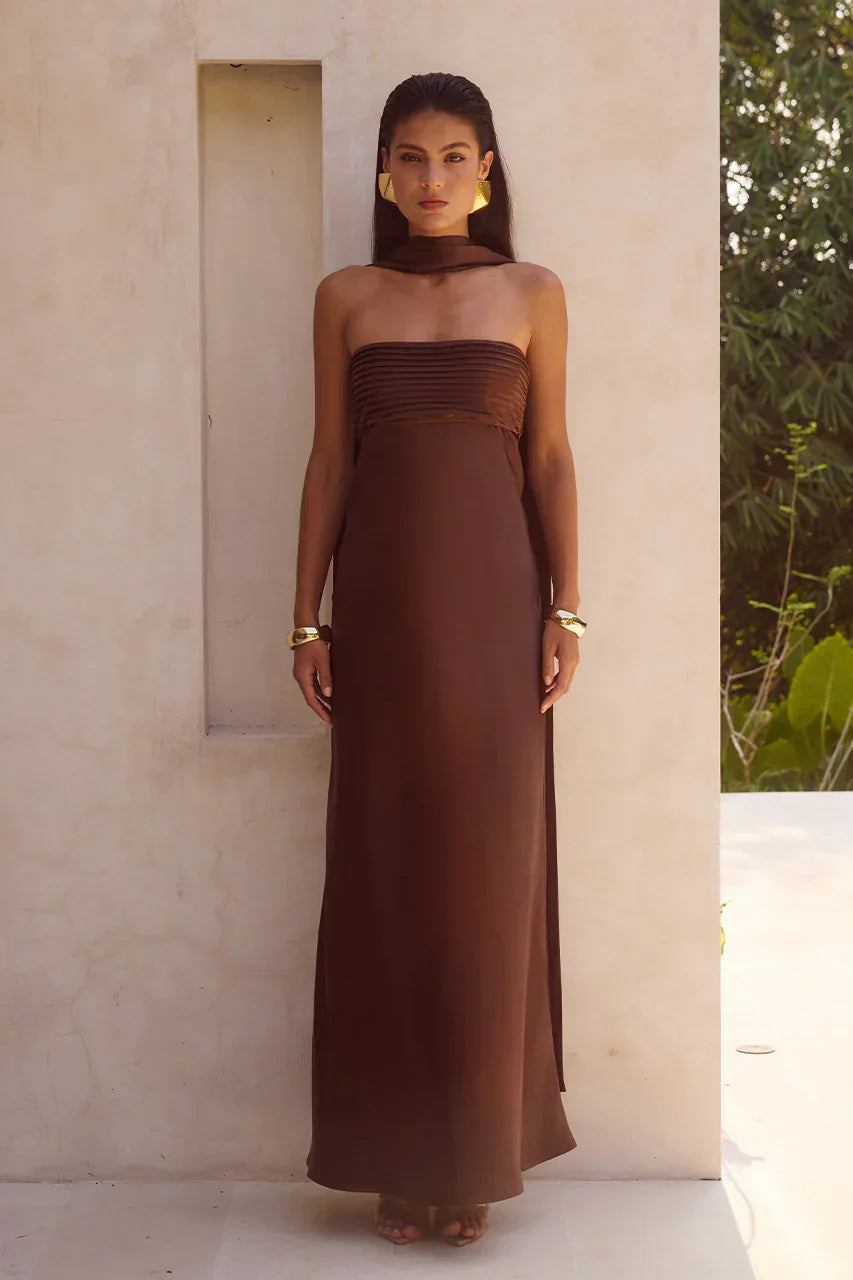 ELSA STRAPLESS SCARF MAXI DRESS - CHOCOLATE
