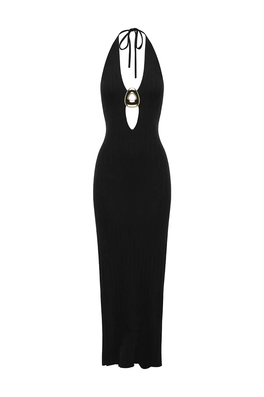 LILABELLE HALTER KNIT MAXI DRESS - BLACK