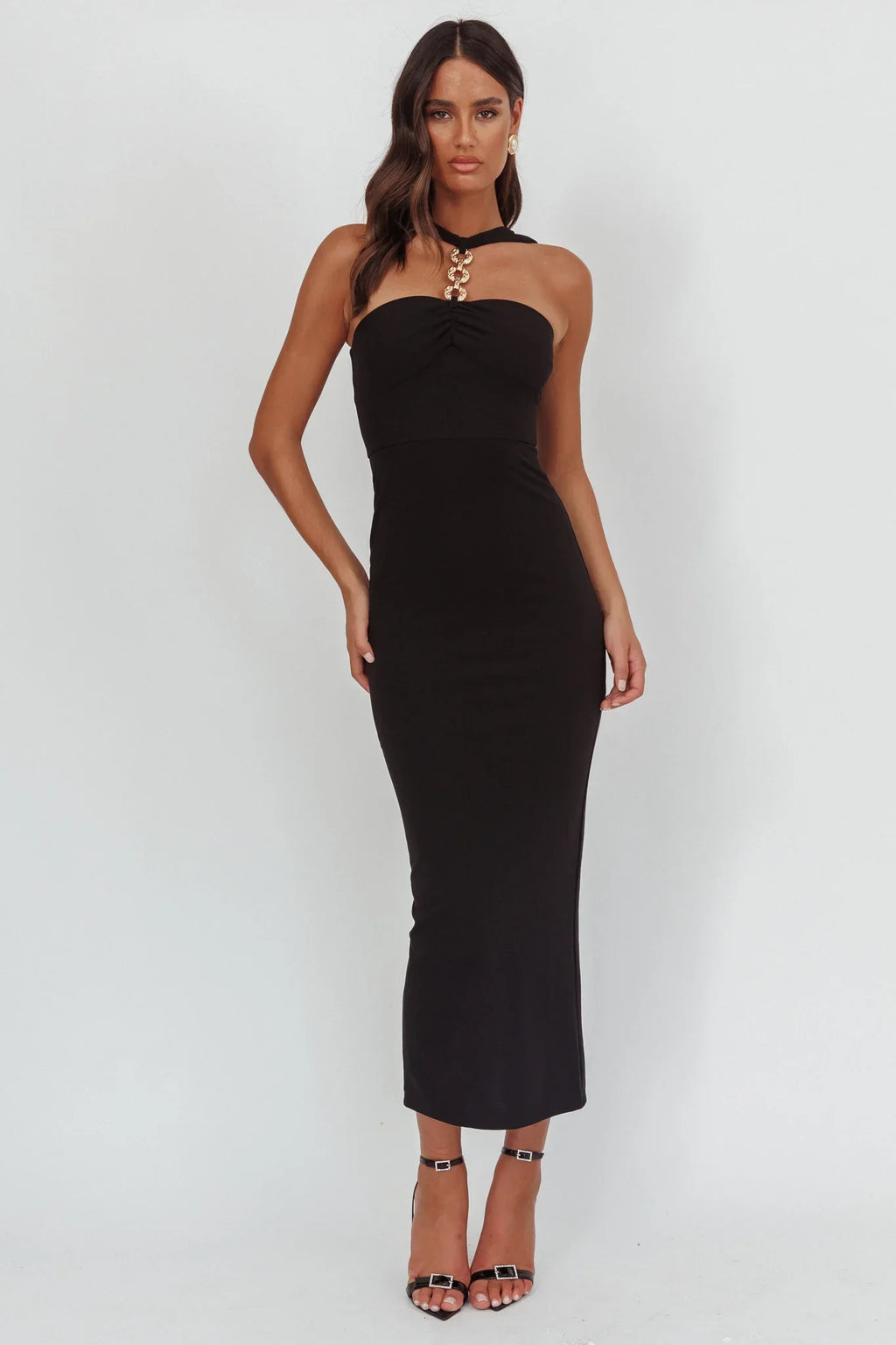 Maretha Gold Link Neckline Maxi Dress Black