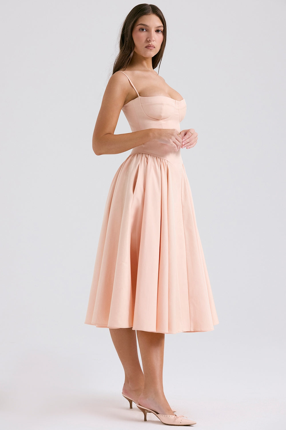 peach parfait twill corset midi dress