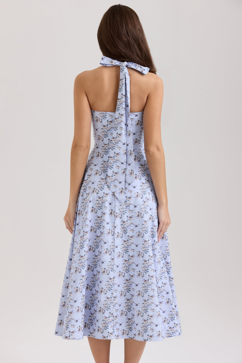 blue floral print stretch cotton halter neck midi dress