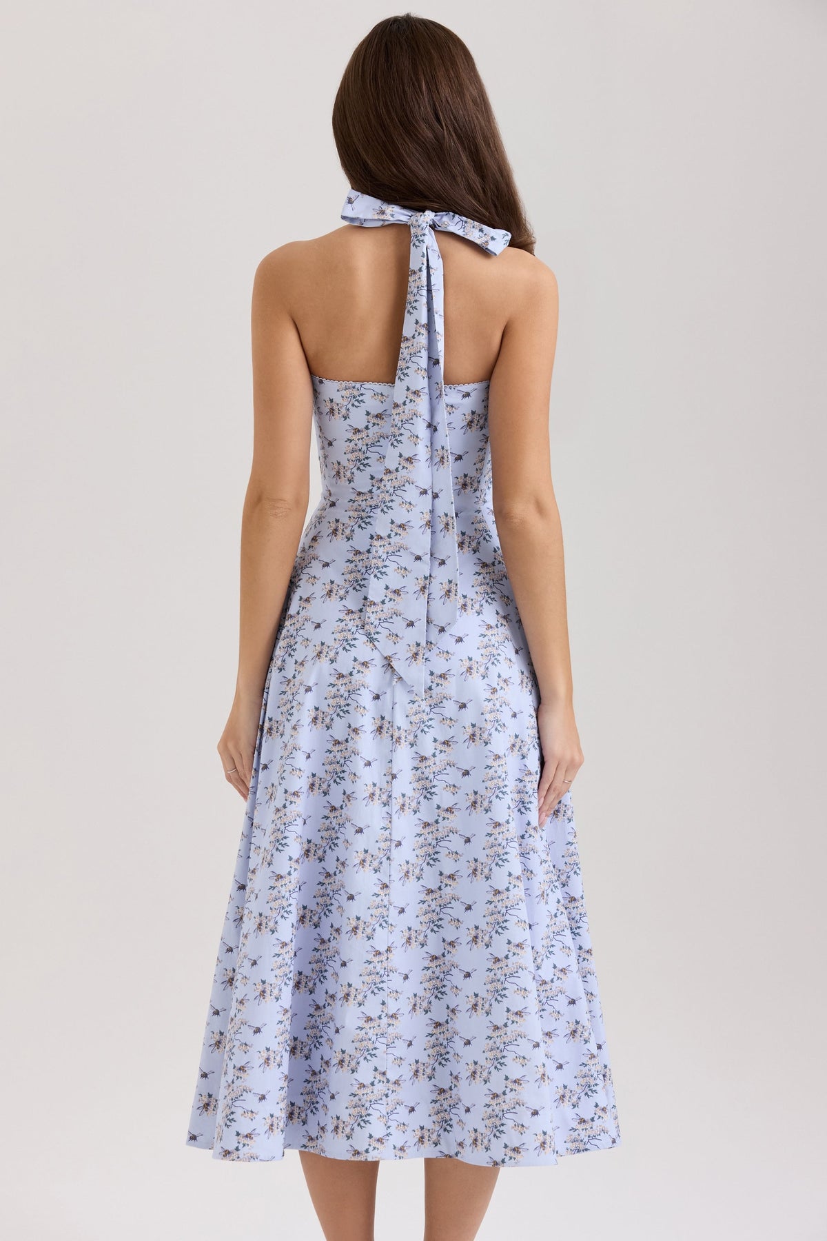 blue floral print stretch cotton halter neck midi dress