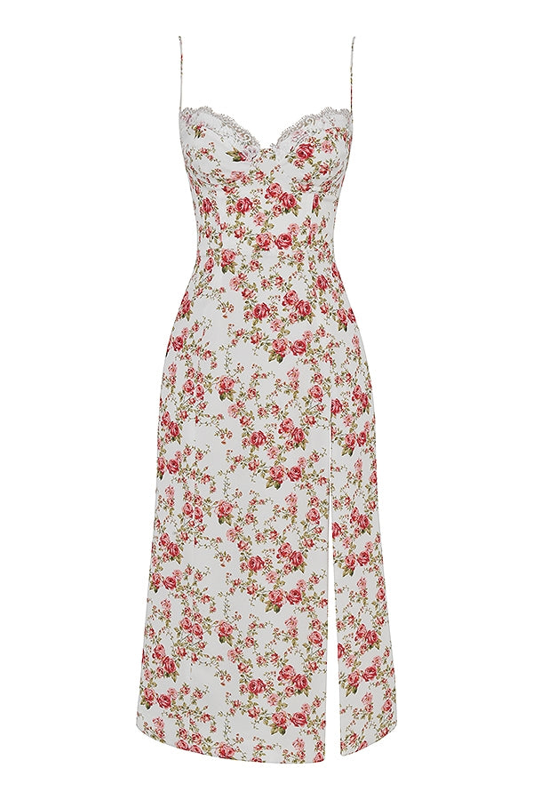 rose print corset midi sundress