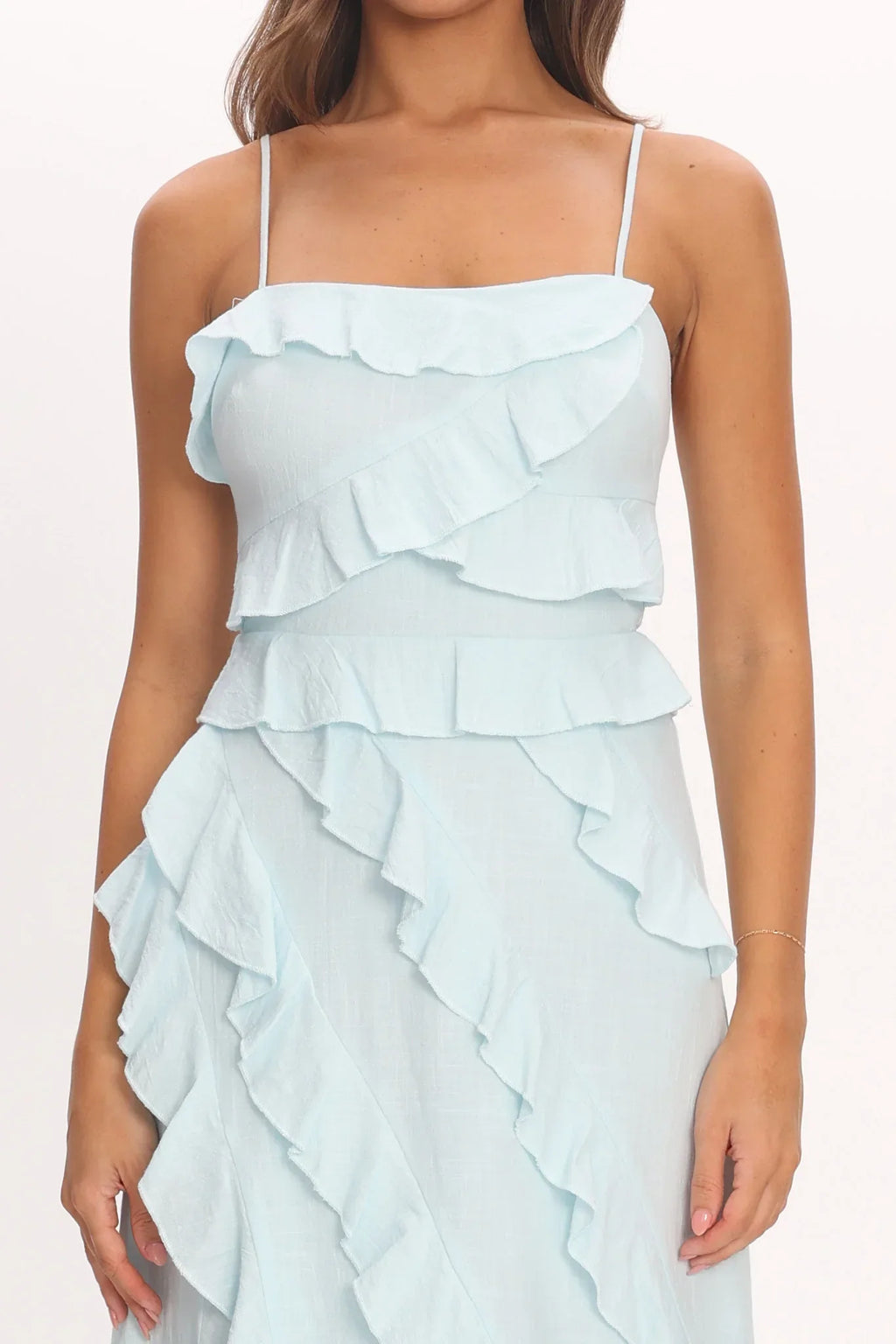 Arrabel Ruffle Split Maxi Dress Blue