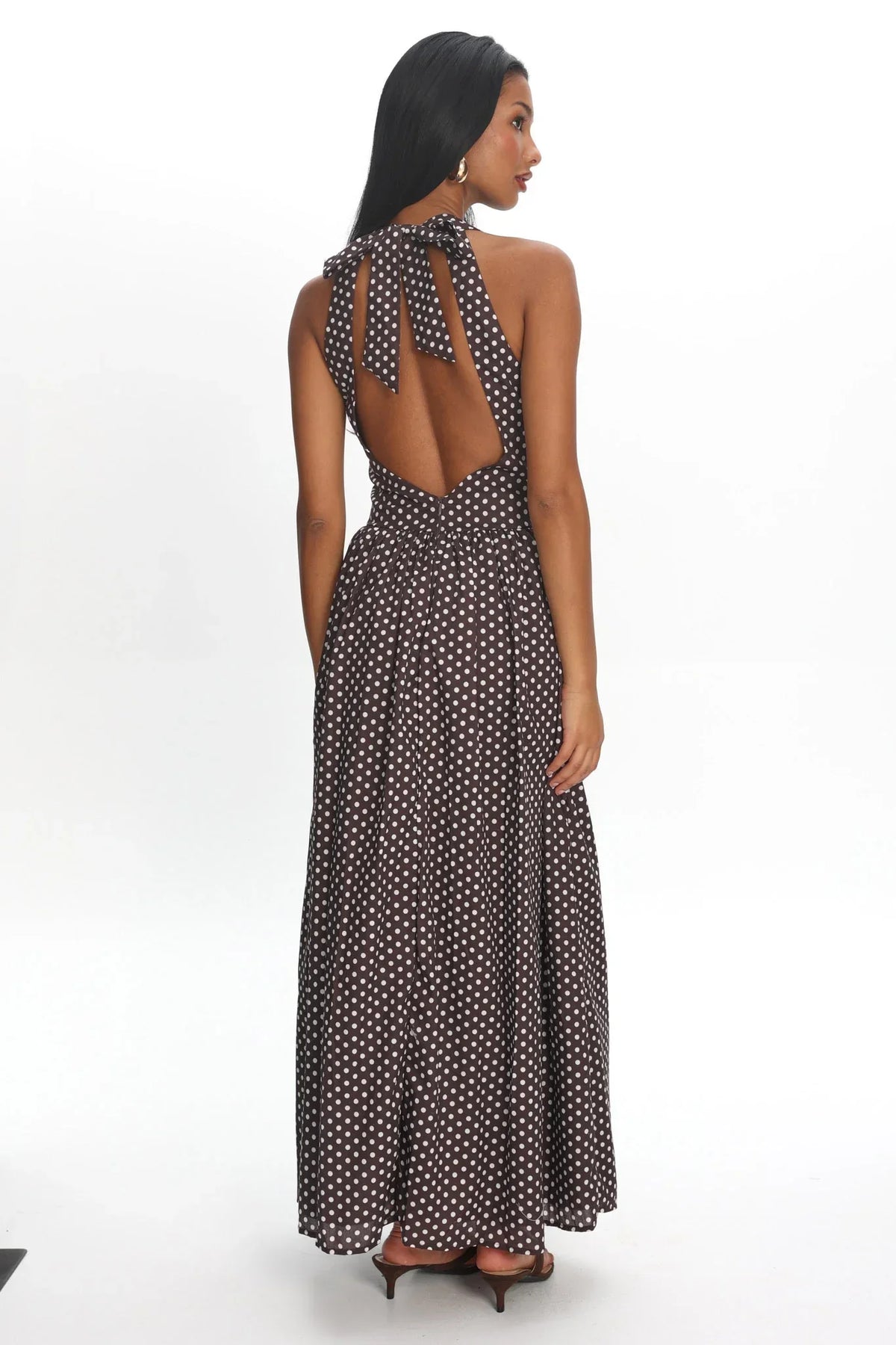 Clarette Basque Waist Open Back Maxi Dress Spotted Chocolate
