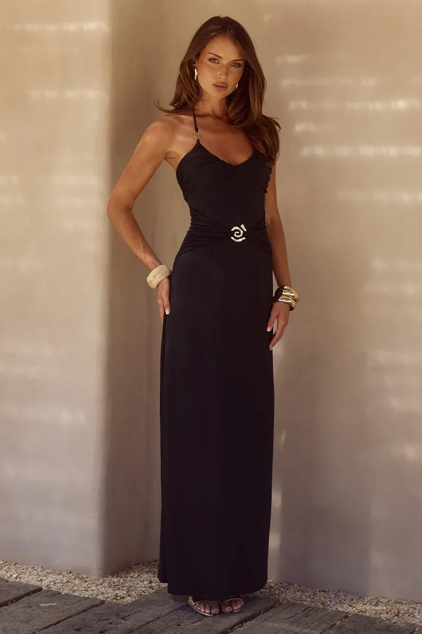 NINA RUCHED HALTER MAXI DRESS - BLACK