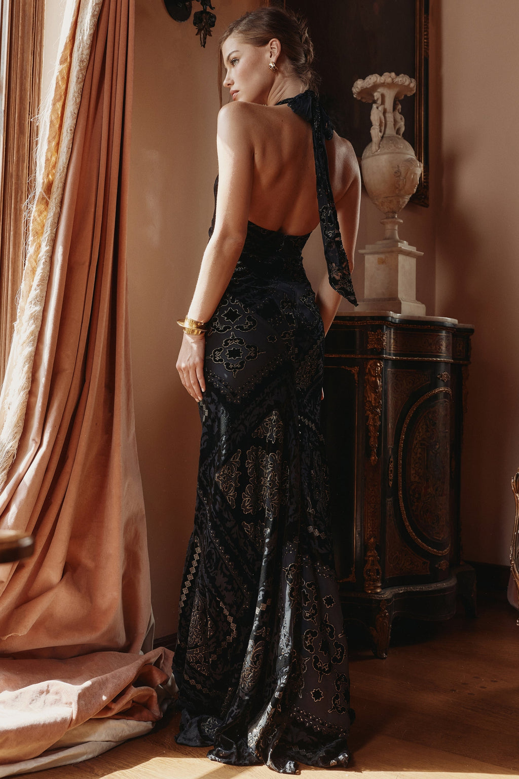 black & gold devore velvet maxi gown