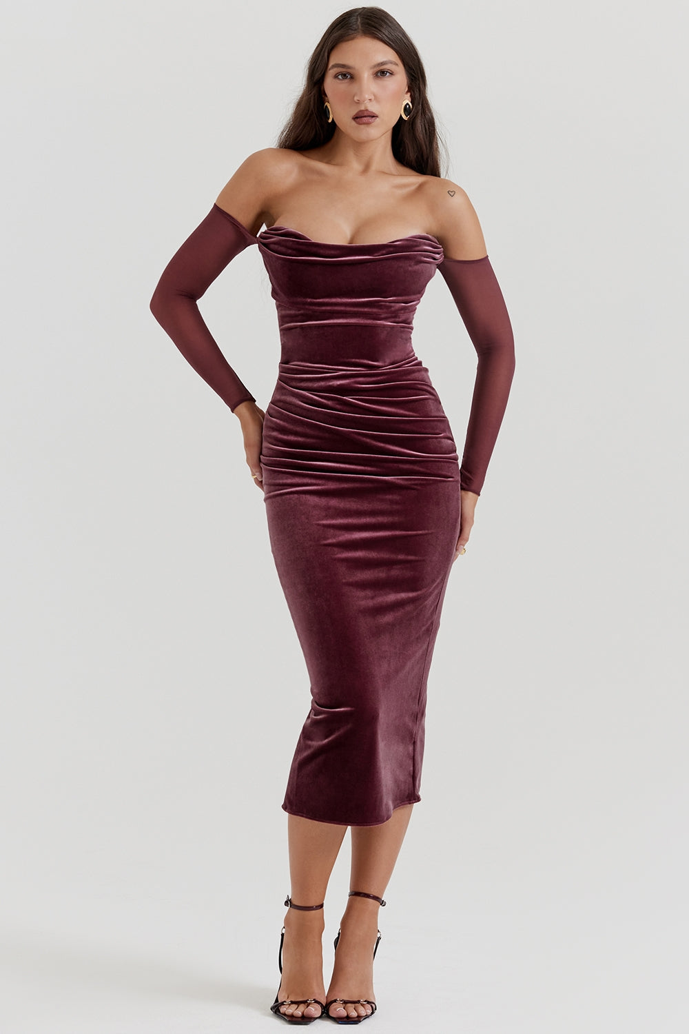 mulberry strapless midi dress