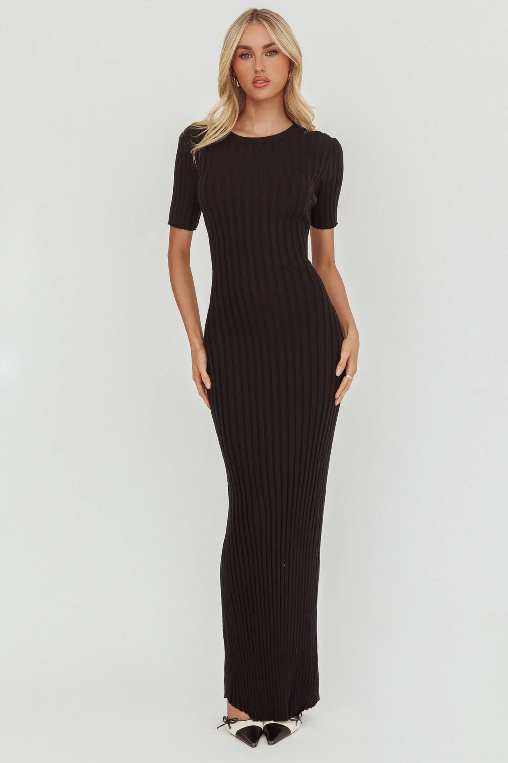 Faylen Waist Tie Ribbed Knit Maxi Dress Black