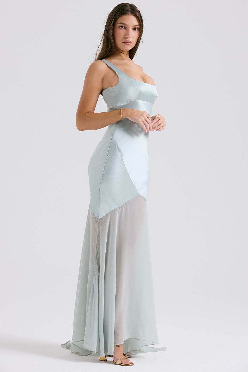 pistachio chiffon floor length gown