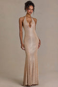 Embellished Plunge-Neck Open-Back Gown in Beige Gold