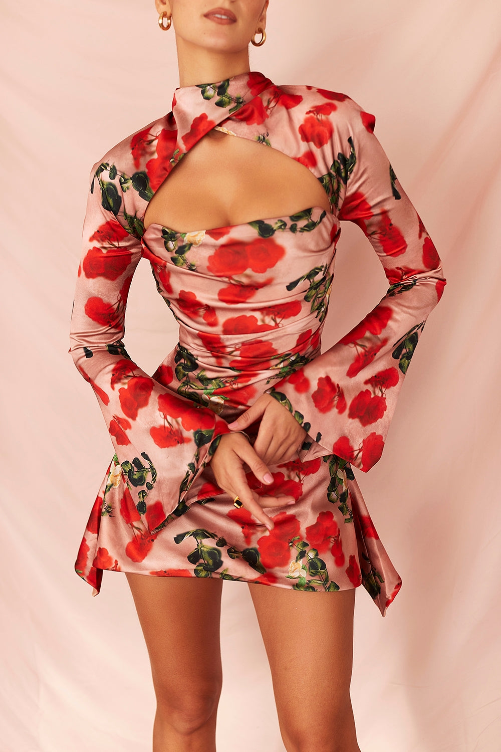 rose print draped corset dress