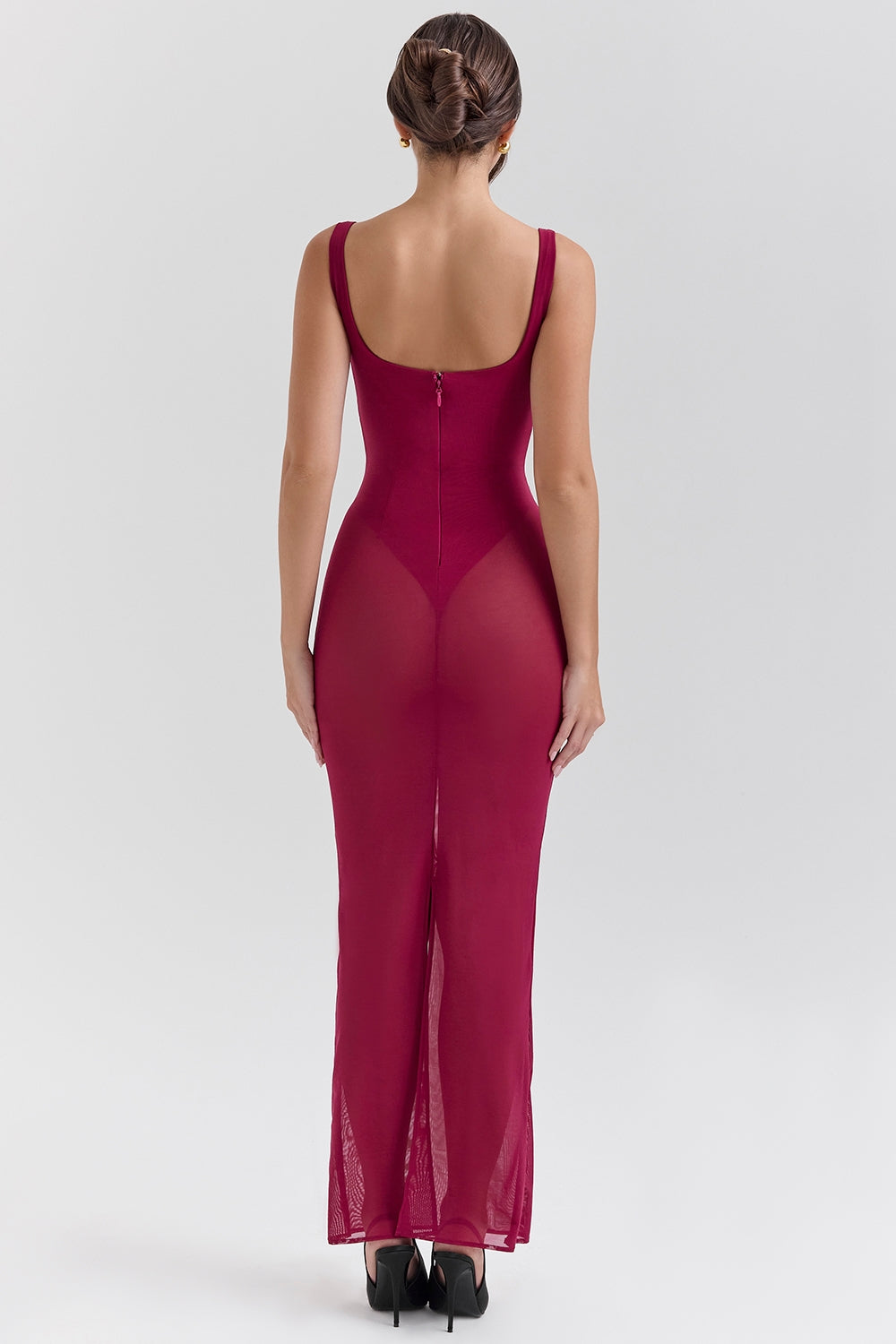 wine stretch mesh maxi dress