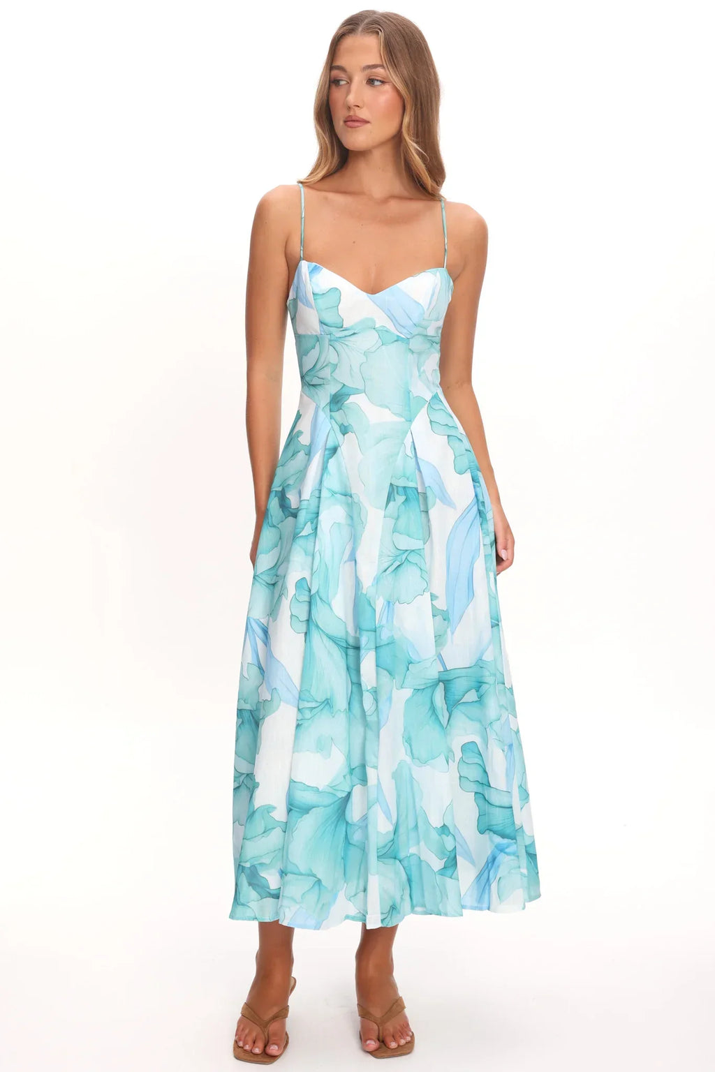 Get My Attention Pleat Waist Maxi Dress Watercolor Green